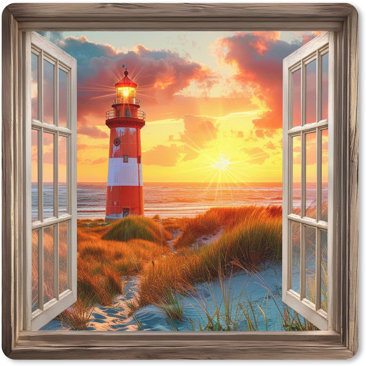 Muismat XXL 60x60 cm - Bureau onderlegger - Bureau mat Doorkijk - Raam - Vuurtoren - Zonsondergang - Strand - Bureaumat - Gaming mousepad xl - Bureaulegger groot - Computer deskmat
