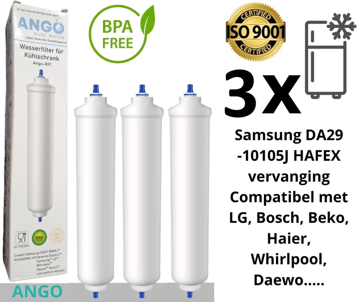 3 x ANGO Koelkastfilter DA29-10105J HAFEX/EXP - vervanging voor SAMSUNG - LG - BEKO - HAIER - Aqua PureT GAC 1-L LGTM 5231JA2010B/5231JA2003B 5231JA2010A / 5231JA2012A 3650JD8050A /3890JC2990A BL-9808/ BL-9303 K32010CB/ FSS-002 Samsung DA29-10105J