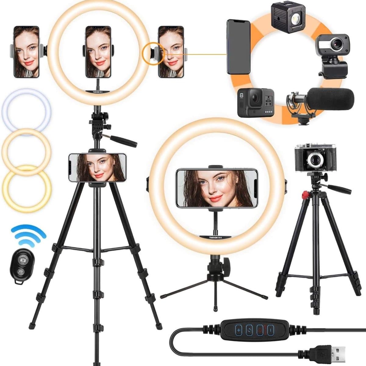 StayPowered Ringlight Telefoonstatief - met Tripod - 3 kleurstanden - 5 verschillende hoogtes - 360° draaibaar - Zwart - Geschikt voor Telefoon, Camera, GoPro - ideaal voor TikTok livestreaming