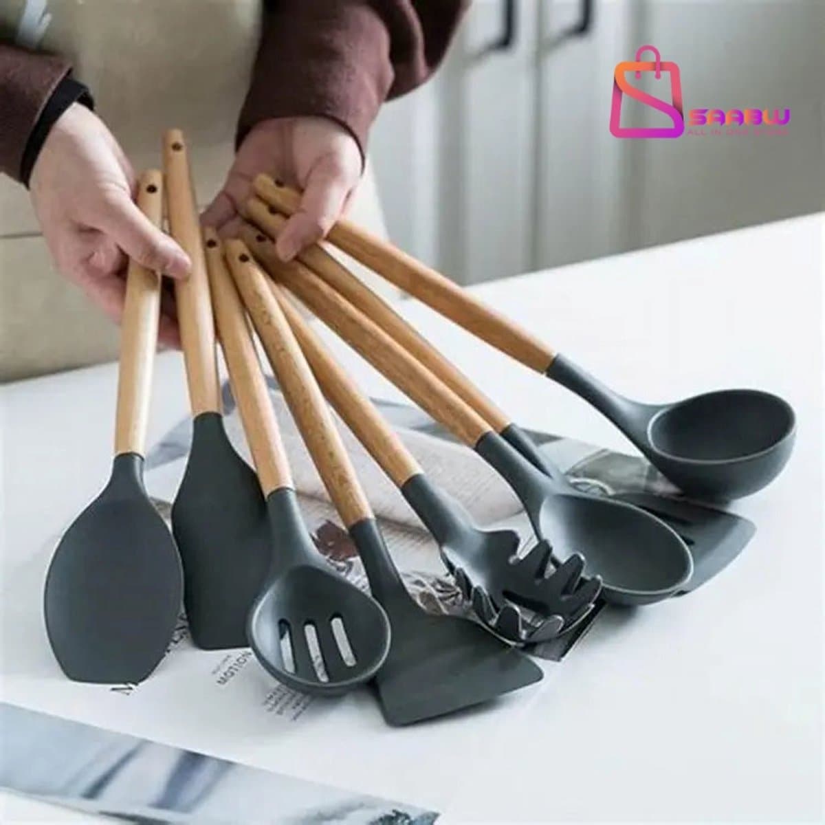 12-delige siliconen kookgerei set – Hittebestendig – Antiaanbak – Met houten handgrepen en opbergemmer – keuken – keukenaccessoires – 76577