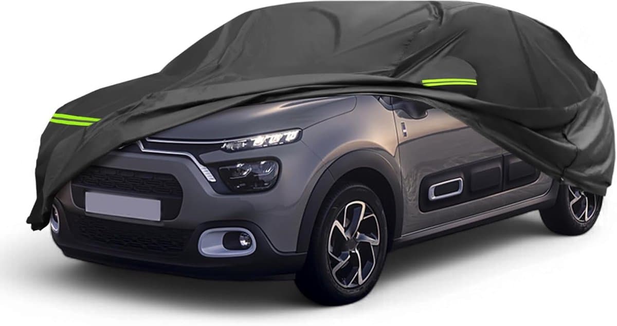 Car Cover voor Citroen C3 II/III 2017-2023 - 210D-PU - Volledig Waterproof - Winddicht - Zonbescherming met Rits Bestuurdersdeur - Zwart