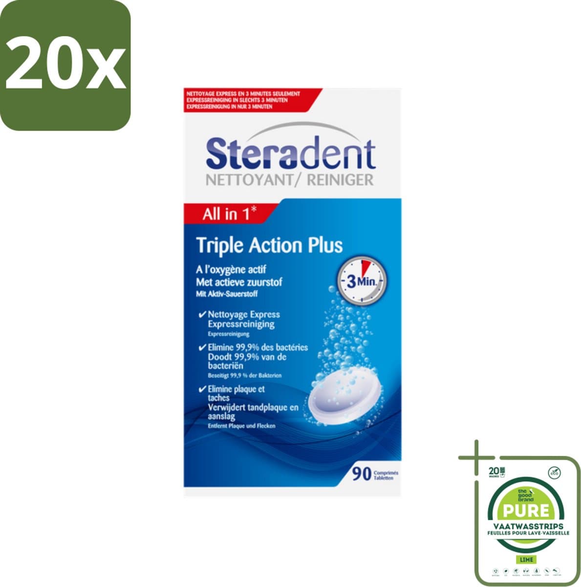 20 x Steradent - Kunstgebitreiniger - Tegen Tandplak En Aanslag - 90 Tabletten - Grootverpakking - Kunstgebit Reiniger - Kunstgebit Schoonmaken - Tandplak Verwijderen - Aanslag Verwijderen - Kunstgebit Desinfecteren