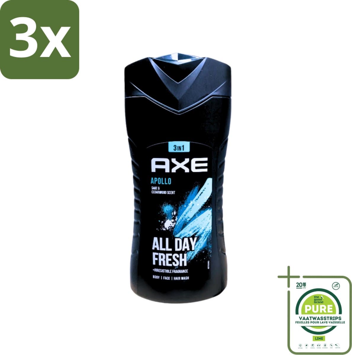 3 x Axe - 3-in-1 Douchegel - Apollo - Sage & Cedarwoord - All Day Fresh - 400 ml - Grootverpakking - Douchegel - Deodorant - Salie - Cederhout - Fris