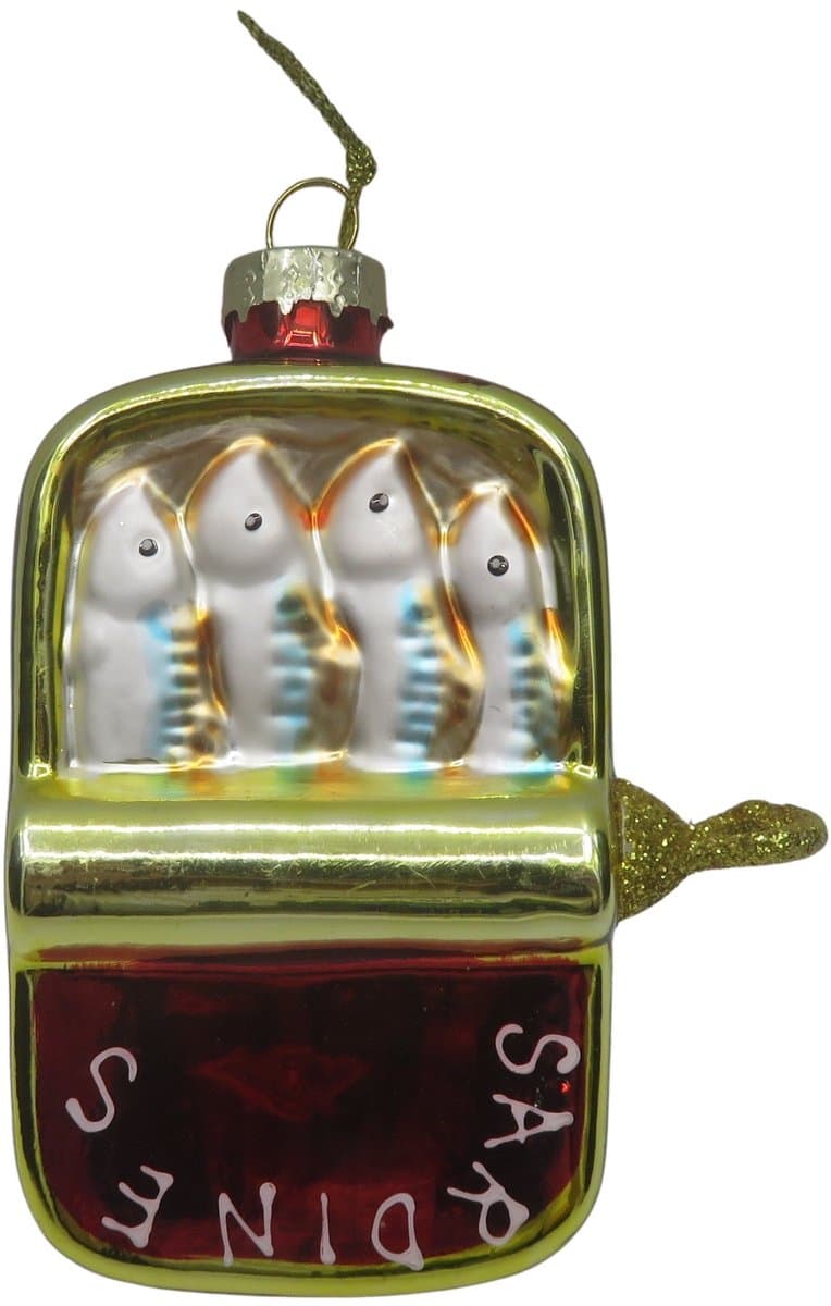 Housevitamin Kersthanger Sardines – Glas Goud/Rood – 8x3,5x10 cm – Glazen Kerstbal – Grappige Vrolijke Kerstversiering