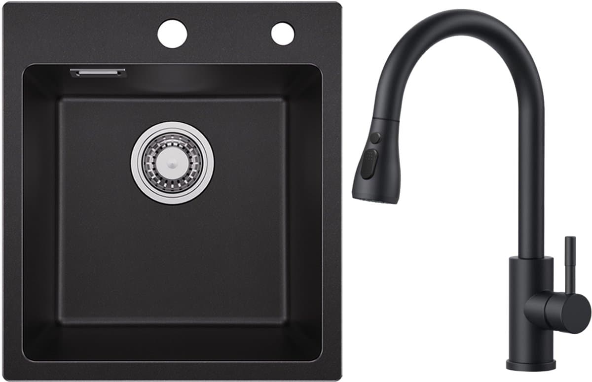 SOFETIY MAX Granieten spoelbakken 40*45cm - Spoelbak Keuken Met Keukenkraan met Uittrekbare uitloop - Gootsteen Met Waterafvoersysteem - Wasbak Keuken - Zwart