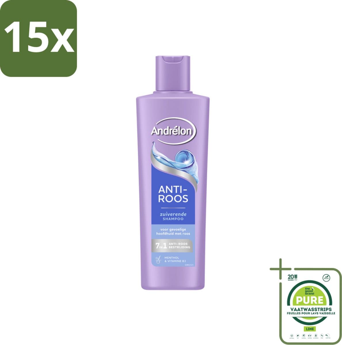 15 x Andrélon – Shampoo – Anti Roos – 250 ml - Grootverpakking - Roos Haar - Roos Hoofdhuid - Anti-roos Shampoo - Menthol Shampoo - Vitamine B3 Shampoo