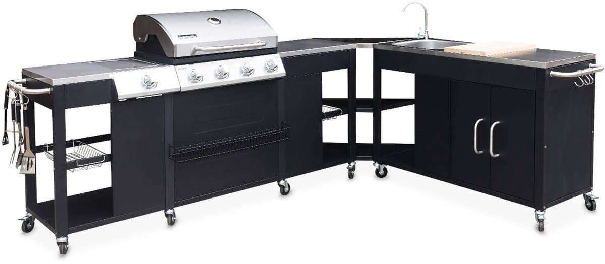 sweeek - Gasbarbecue met 4 branders + 1 zijbrander, buitenkeuken met gootsteen, keukengerei en thermometer - rochefort