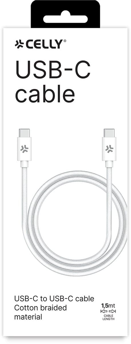 Celly USB-C naar USB-C kabel – Voor Android & iPhone - Katoen Gevlochten – Tot 100 Watt - Duurzaam en stevig - 1,5 meter - Wit