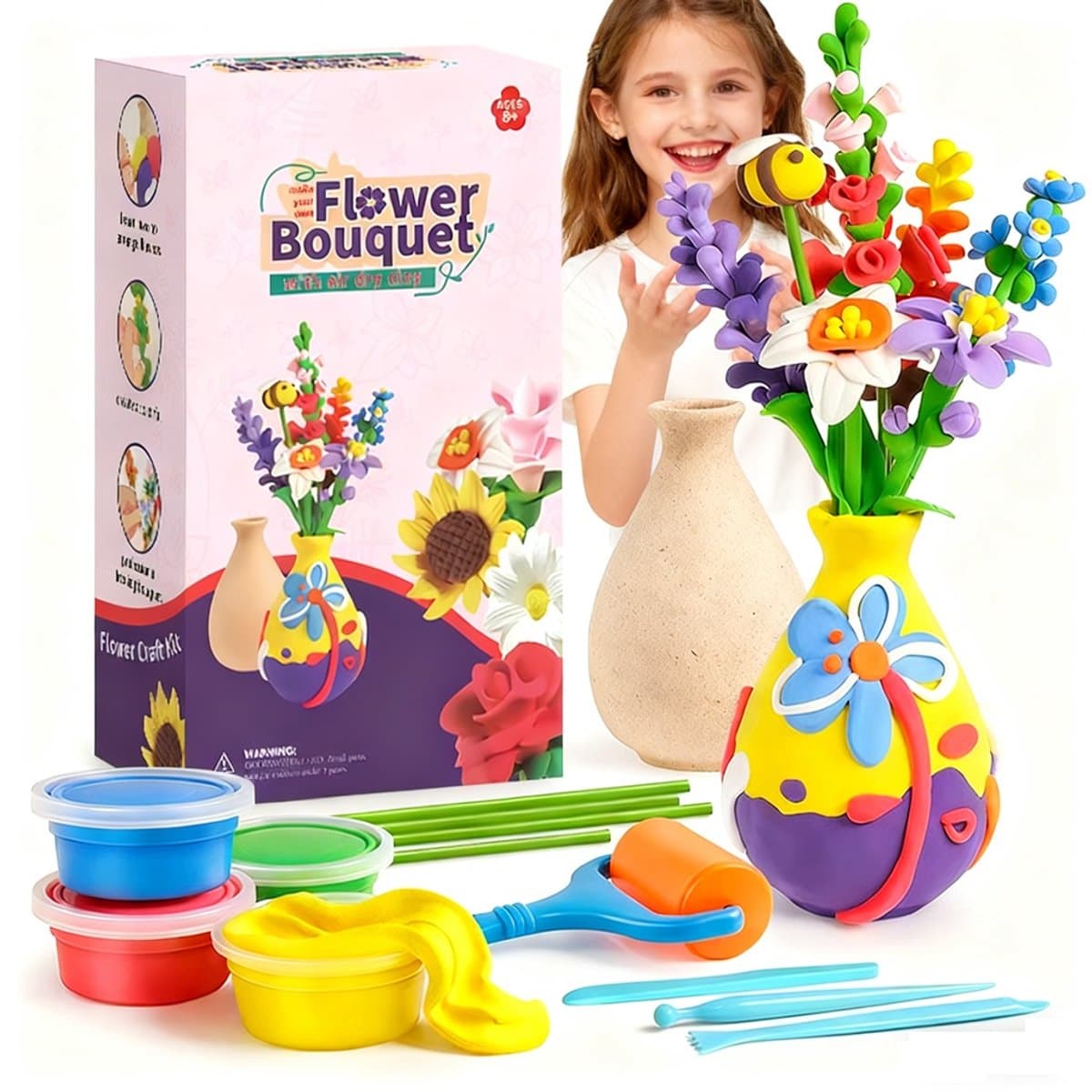 Knutseldoos Zelfmaakset - DIY Boetseerklei Set - Bloemenboeket Klei Set met Houten Vaas - 10 Kleuren Luchtdrogende Klei -Knutseldoos Zelfmaakset- 18 Bloemenontwerpen - Creatief Knutselpakket voor Kinderen - Inclusief Gereedschap & Handleiding