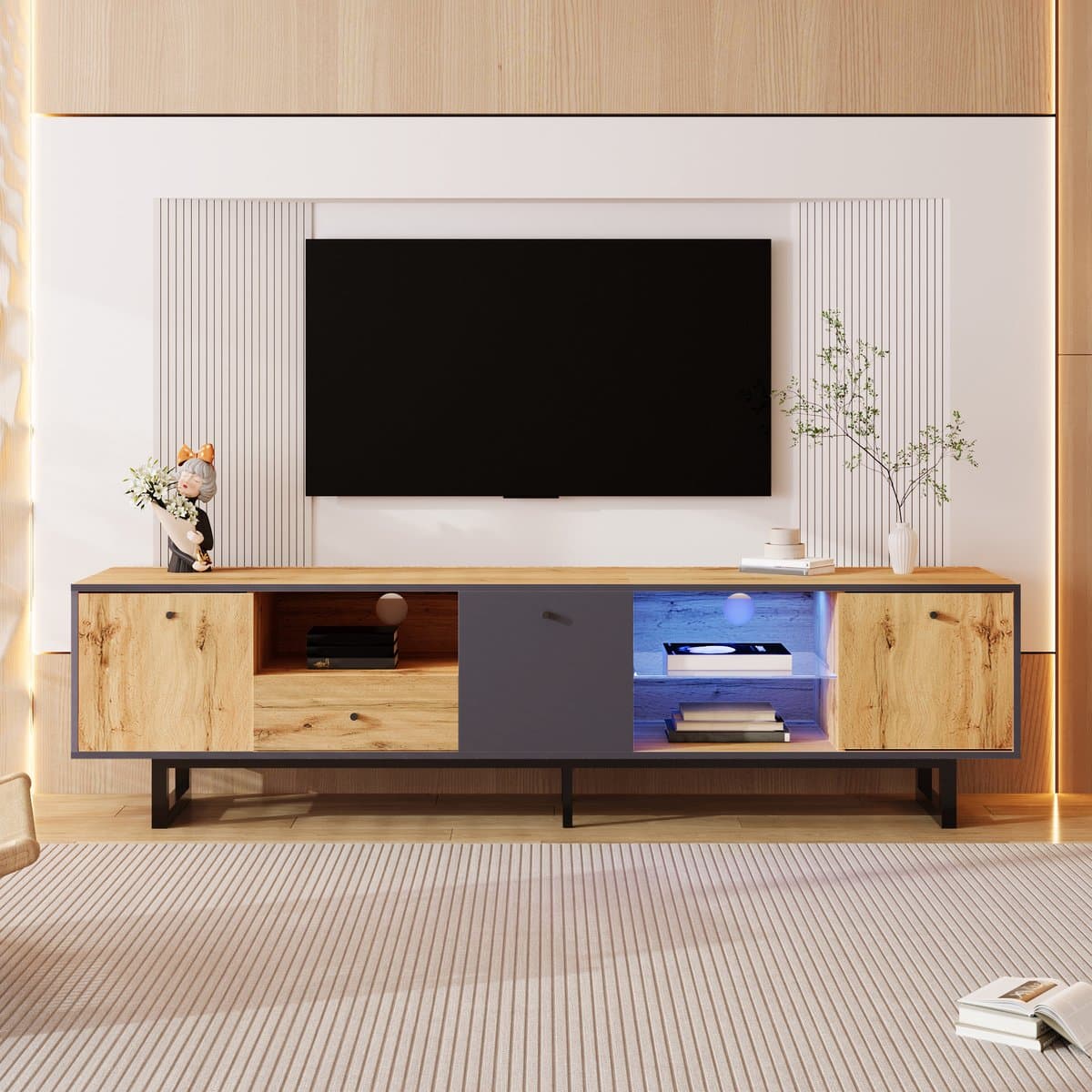 MODFU TV-meubel 190x40x50 cm van MDF-hout en metaal, met LED-verlichting en veel opbergruimte