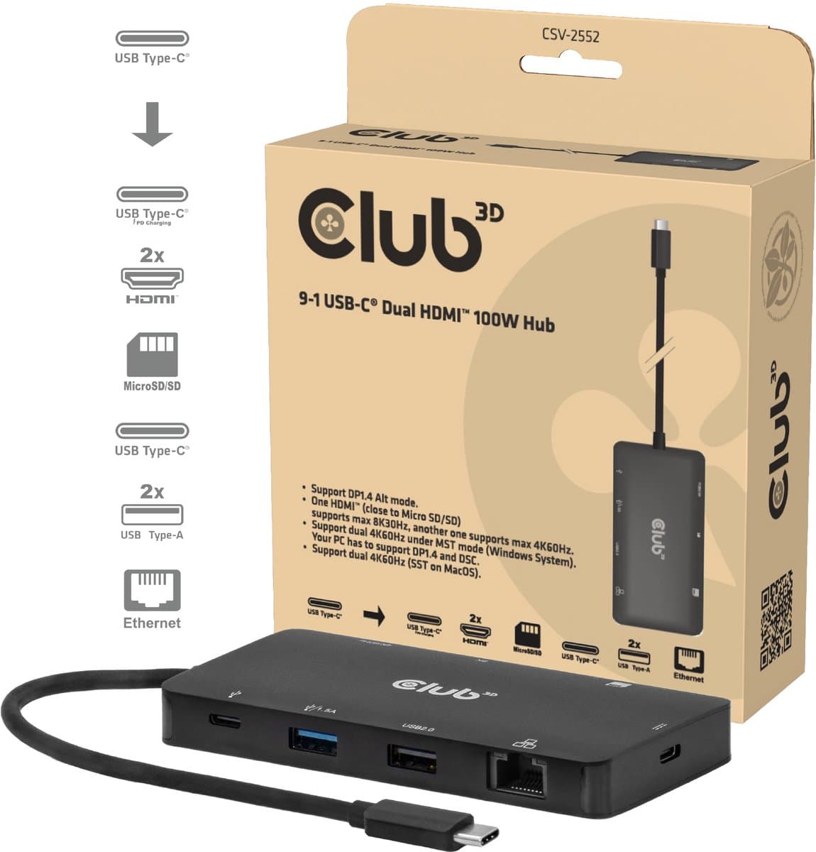 Club 3D 9-1 Dubbele HDMI™ USB-C® Hub PD3.0 100W