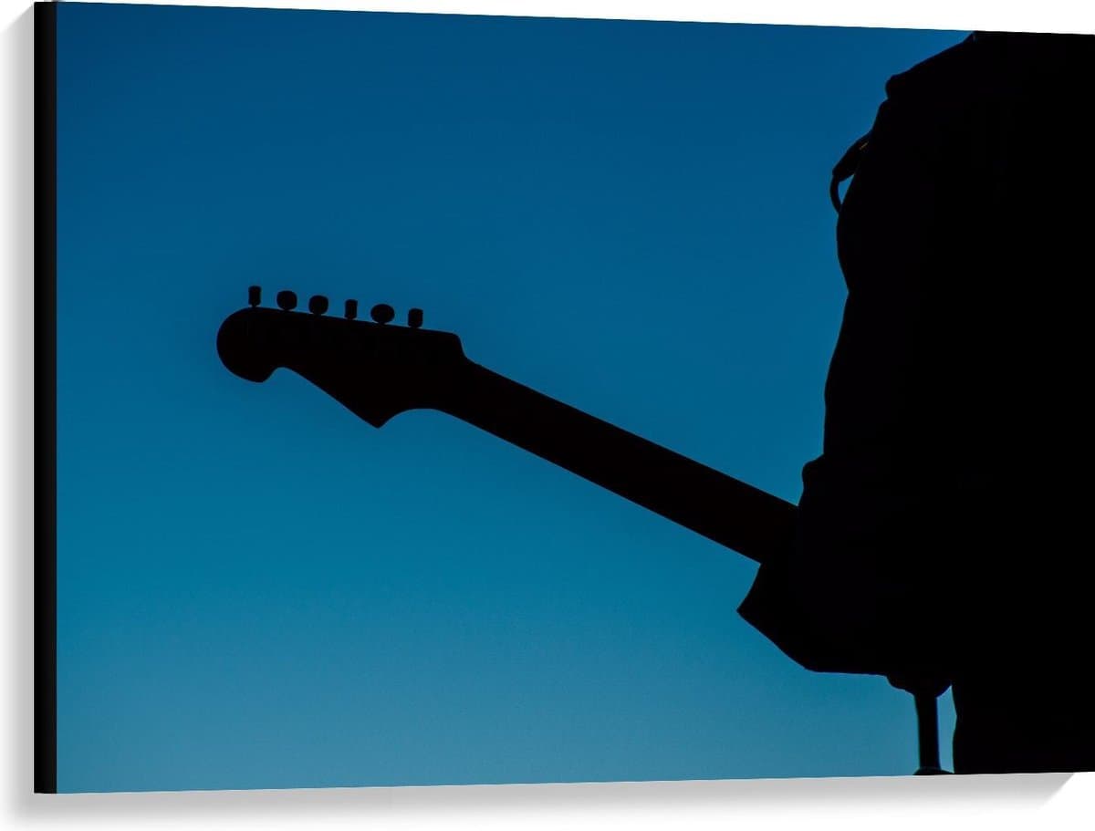 Canvas  - Silhouet van Gitarist op Blauwe Achtergrond - 100x75cm Foto op Canvas Schilderij (Wanddecoratie op Canvas)