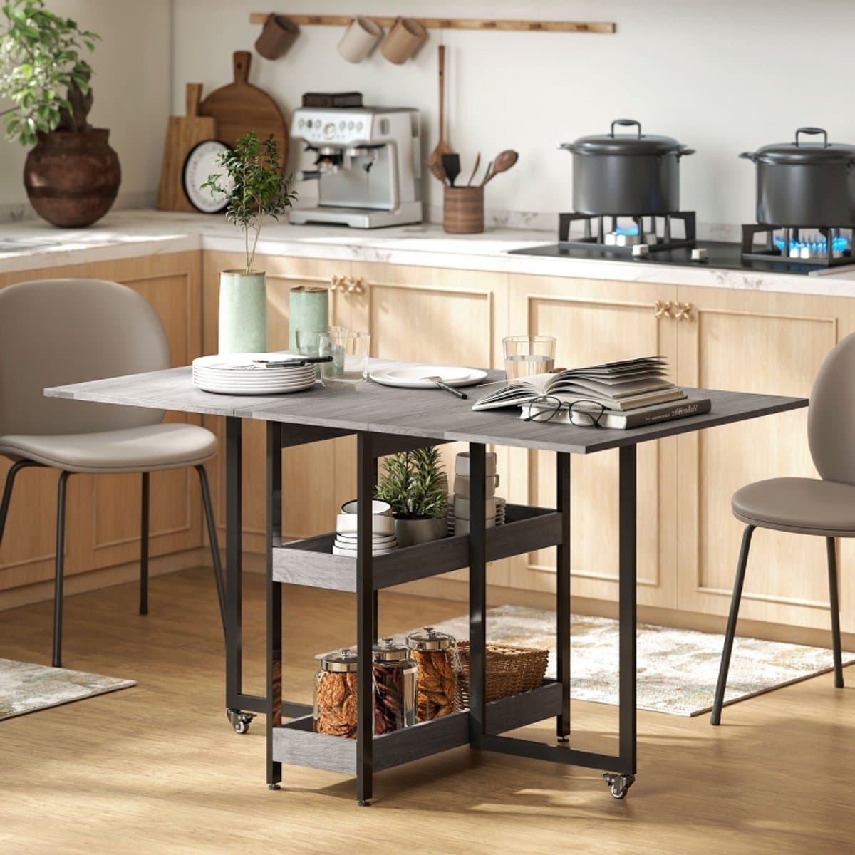 OKWISH Klaptafel - Uitschuifbaar Voor 2 Tot 4 Personen - Met 2 Open Vakken En Wielen - Grijs Hout - 133,4 x 80 x 75 cm