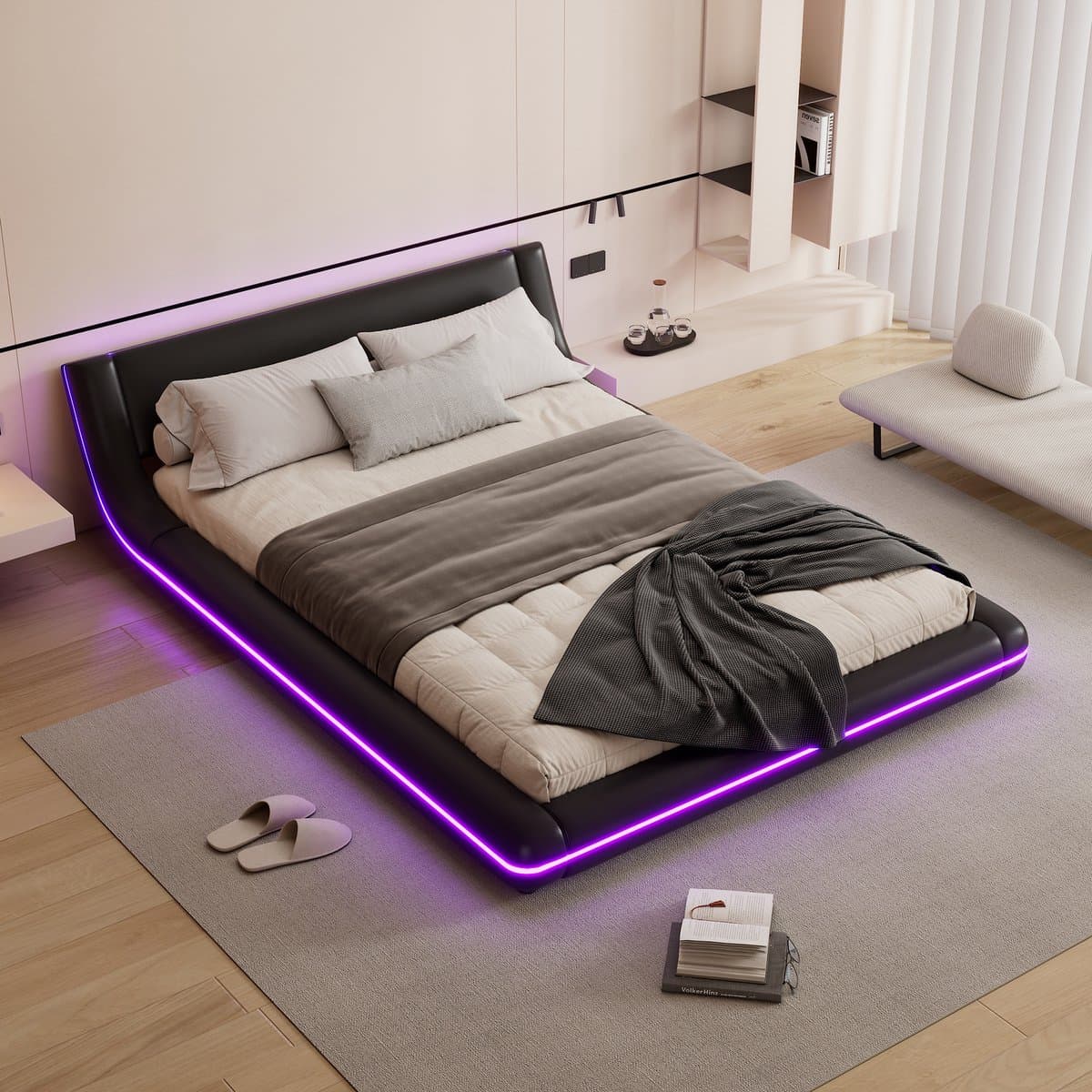 FloraGrace Vloerbed 140x200 cm - Met Led Sfeerverlichting - Laag Bedframe - Zonder Matras - PU - Zwart