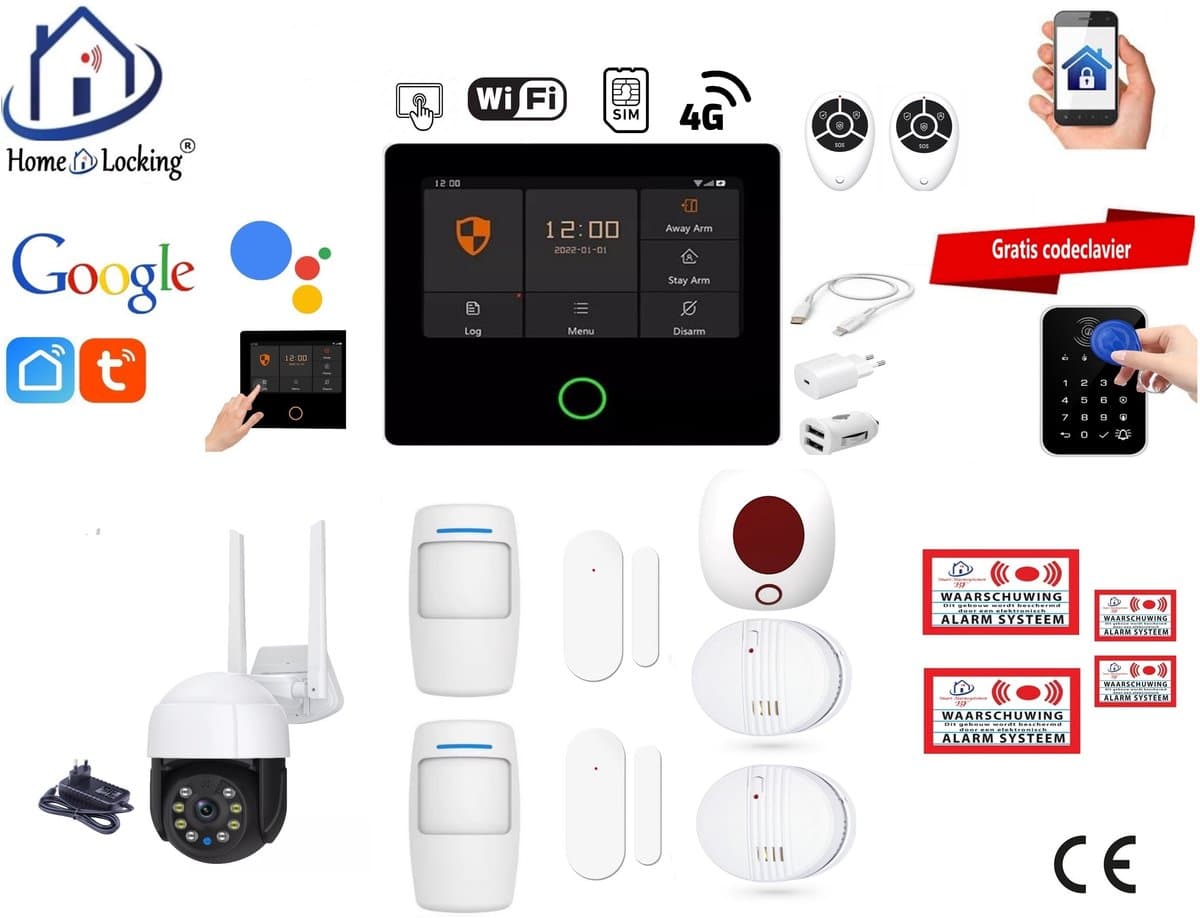 Draadloos alarmsysteem voor woning/camper/boot/caravan werkt met wifi en sim kaart en met spraakgestuurde apps. (Nederlands of Frans stem en tekst) ST01A-65