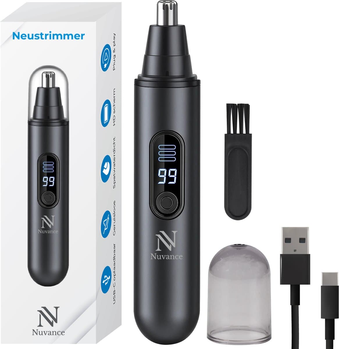 Nuvance Neustrimmer - Oplaadbaar & Afspoelbaar - Neushaartrimmers - Oortrimmer - Mannen & Vrouwen - USB C - Zwart