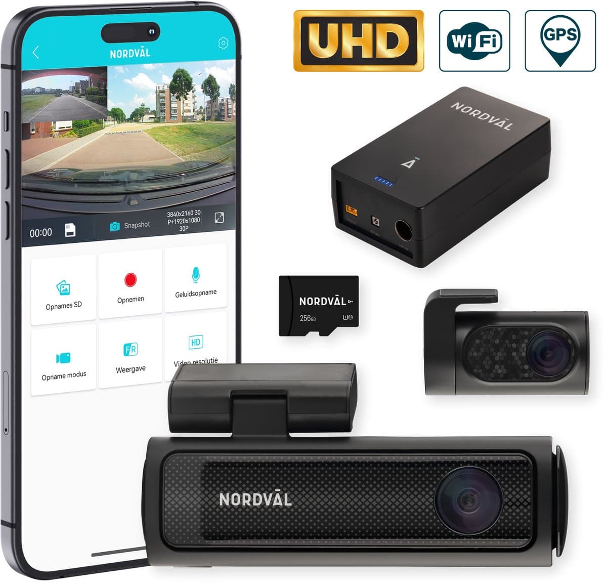 Nordväl DC202-2CH Dashcam – Incl. 256GB SD Kaart & BP125 Battery Pack – 4K Ultra HD voor en 2K QHD achter – Wifi – GPS – Parkeermodus – Dashcam voor auto – Auto Camera