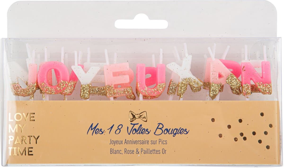 ARTYFETES - "Gefeliciteerd" Verjaardagskaarsen Wit, Roze en Goudglitter 4,3 cm op Prikker