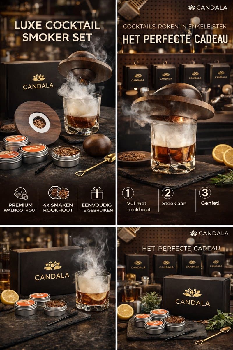 Candala Cocktail Smoker Kit met 4 houtsnips, ouderwetse whiskyrokerset, whiskyroker voor drankjes, cocktails, wijn, bourbon, whisky-geschenksets cadeau voor mannen, echtgenoot, papa-walnoot