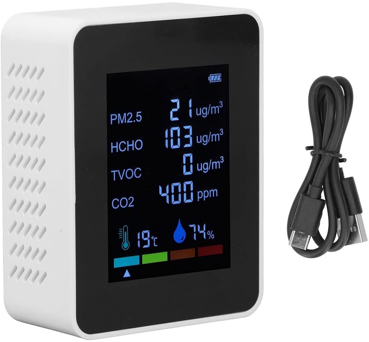 Luchtkwaliteitsmonitor - CO2 meter tester - Binnenmilieu meten - 6-in-1 Functies - Compact Draagbaar - Wit