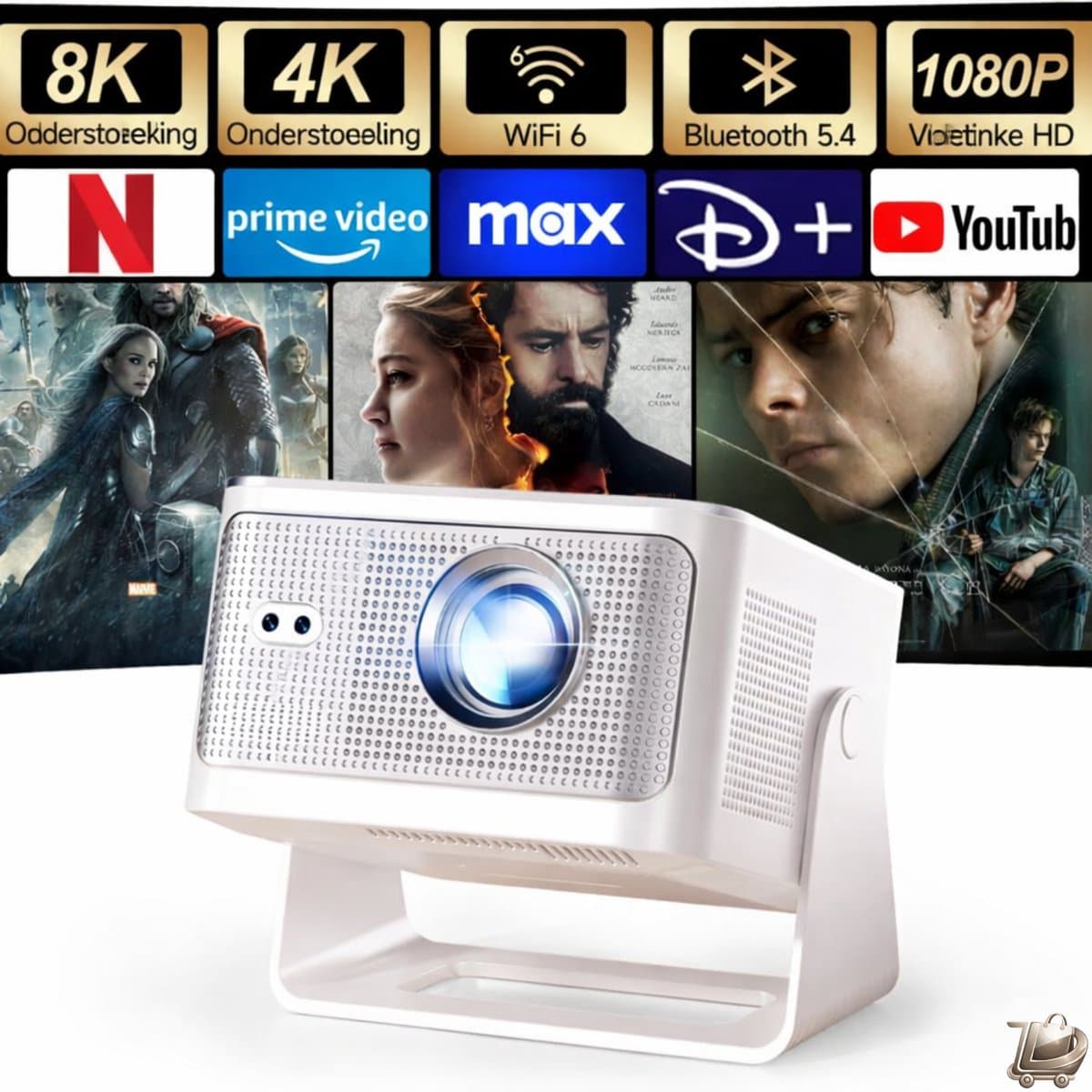 Mini Projector met 4K & 8K Ondersteuning 1080P Draagbare Beamer WiFi 6 & Bluetooth 5.4 – Auto Focus & 6D Keystone Correctie 12W Speaker 180° Draaibaar Home Cinema Projector