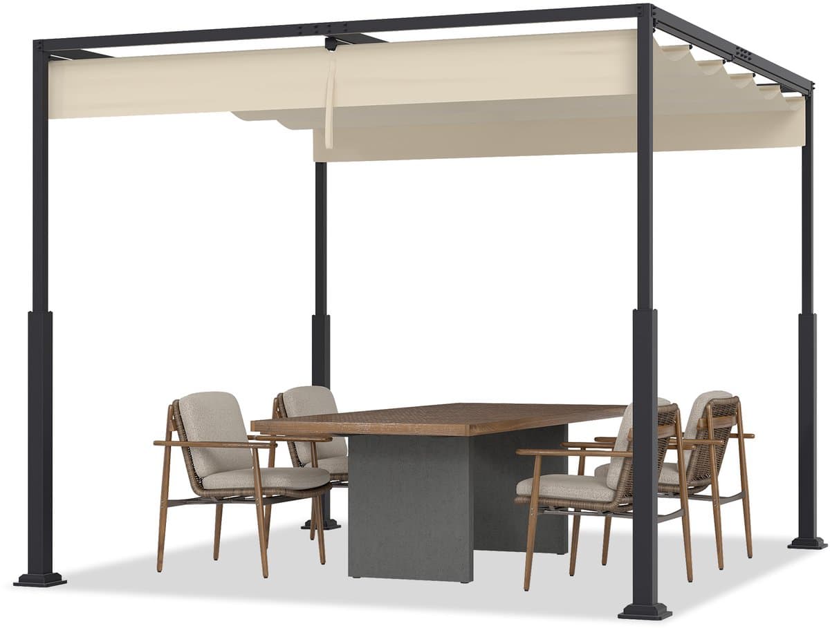 Aufun 3x3m Beige - Metaal Pergola - Terrasoverkapping Met Schuifdak & PA-Gecoat Polyester + Stevig Stalen Frame