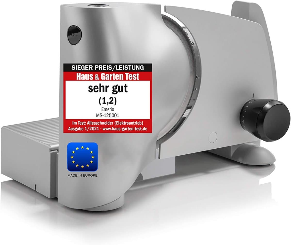 Emerio Multifunctionele Snijmachine - 110W - Dikte Verstelbaar 0-15mm - RVS Mes - Elektrische Snijmachine voor Brood, Kaas en Vlees - Broodsnijmachine Elektrisch - MS-125001 Allessnijder Wit