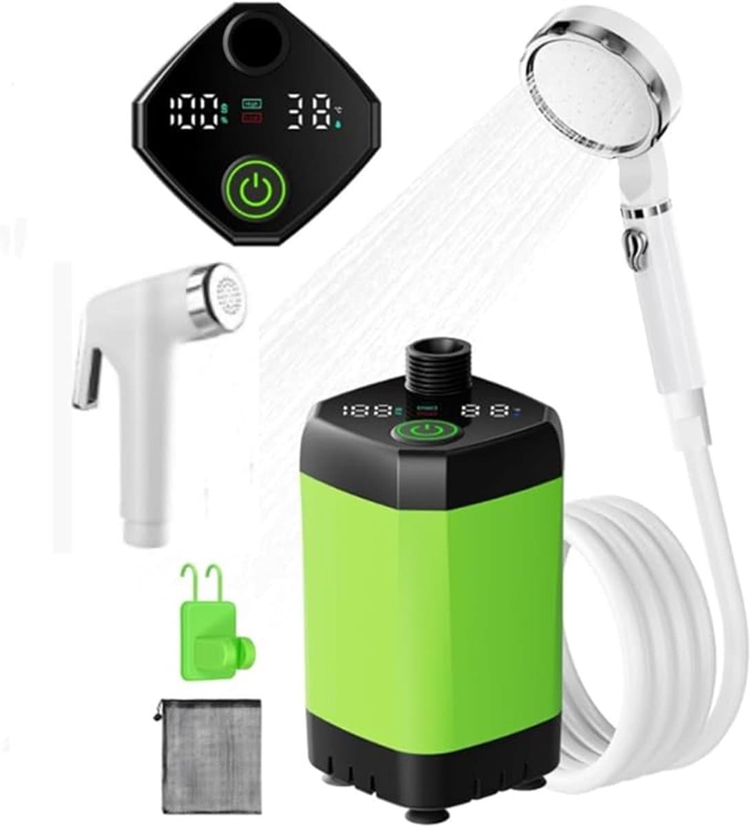 Draagbare Campingdouche - 6000Mah - Oplaadbare Campingdouche - met Slim Digitaal Display, Buitenpomp - Geschikt voor Wandelen, Autoritten en Huisdieren - Groent