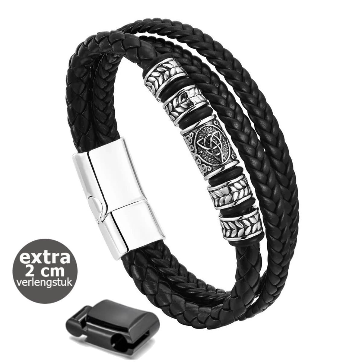 KHRONOX® Armband, Armband Heren, kh06 21 cm ZWART, Natuurstenen, Armbanden, Leren Armband Heren, Leren Armband, Leren Armbanden, Armbandje, Kunstleer, Mannen, Magnetische Sluiting, + 2 CM Verlengstuk, Verjaardag, Vaderdag, Valentijnsdag, Cadeautje