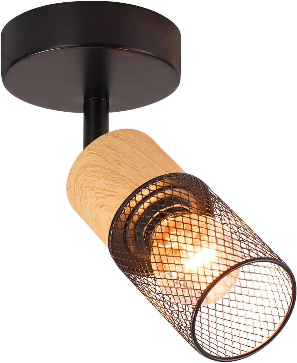 Glitzerlife - Plafondspot Plafondlamp - draaibaar en kantelbaar - opbouwspots - 1xE14 fitting - retro hout en metaal - Ø10cm - zwart