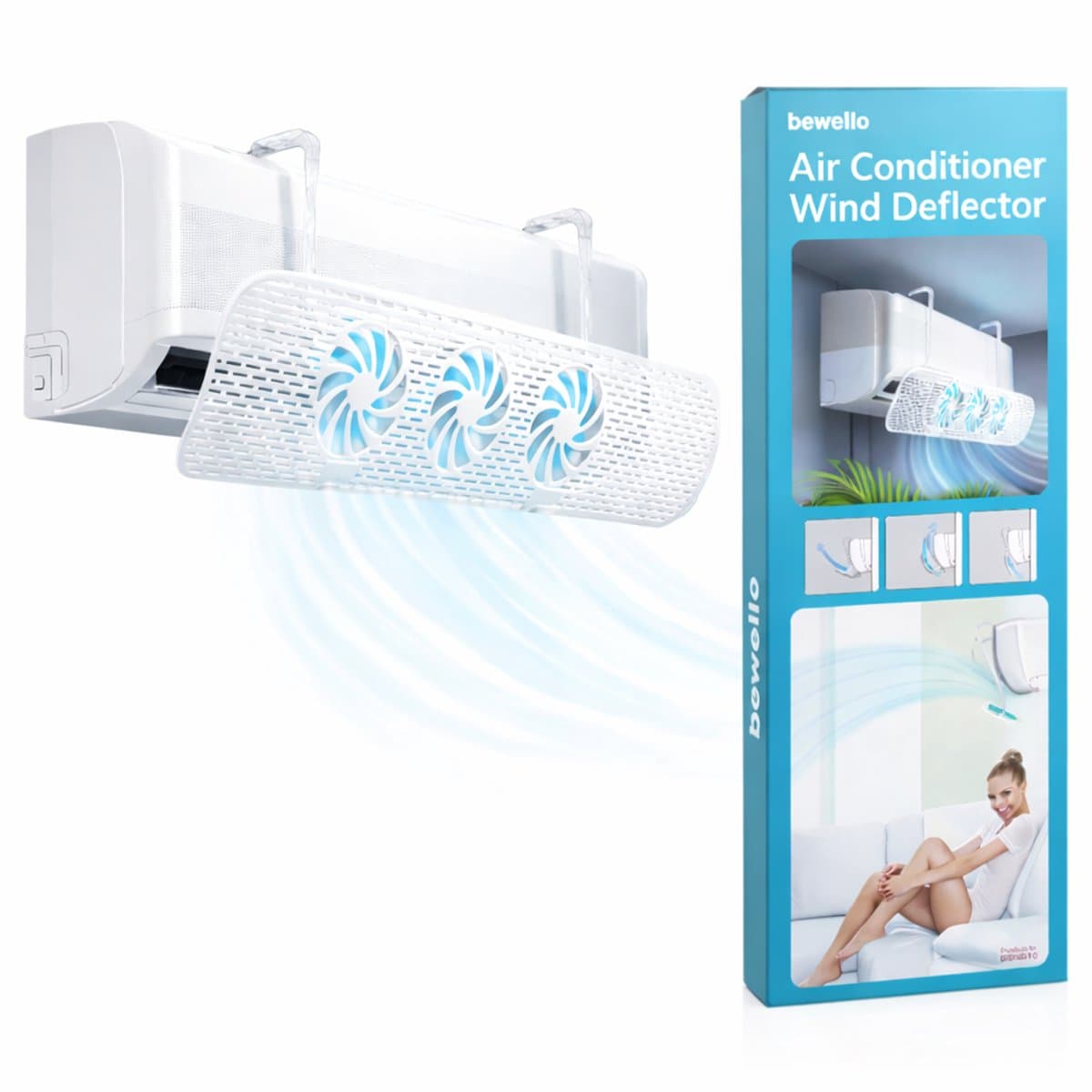 Bewello - Windscherm voor Airco - Windgeleider Universeel 55 t/m 88 cm - (Met 3 Ventilatoren - Draaibaar + Kantelbaar) - Airconditioning Luchtverdeler Deflector Flap - Windafleider - Luchtscherm [BW4010]