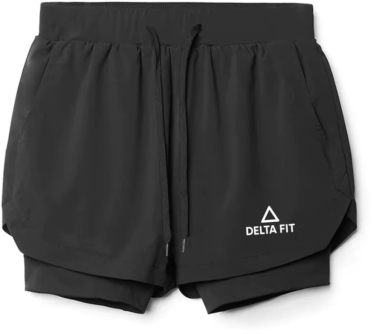 Delta Fit 2 in 1 Hardloopbroek– Met Ondershort met vak voor Mobiel – Dry Mesh - Zwart - Maat XXL