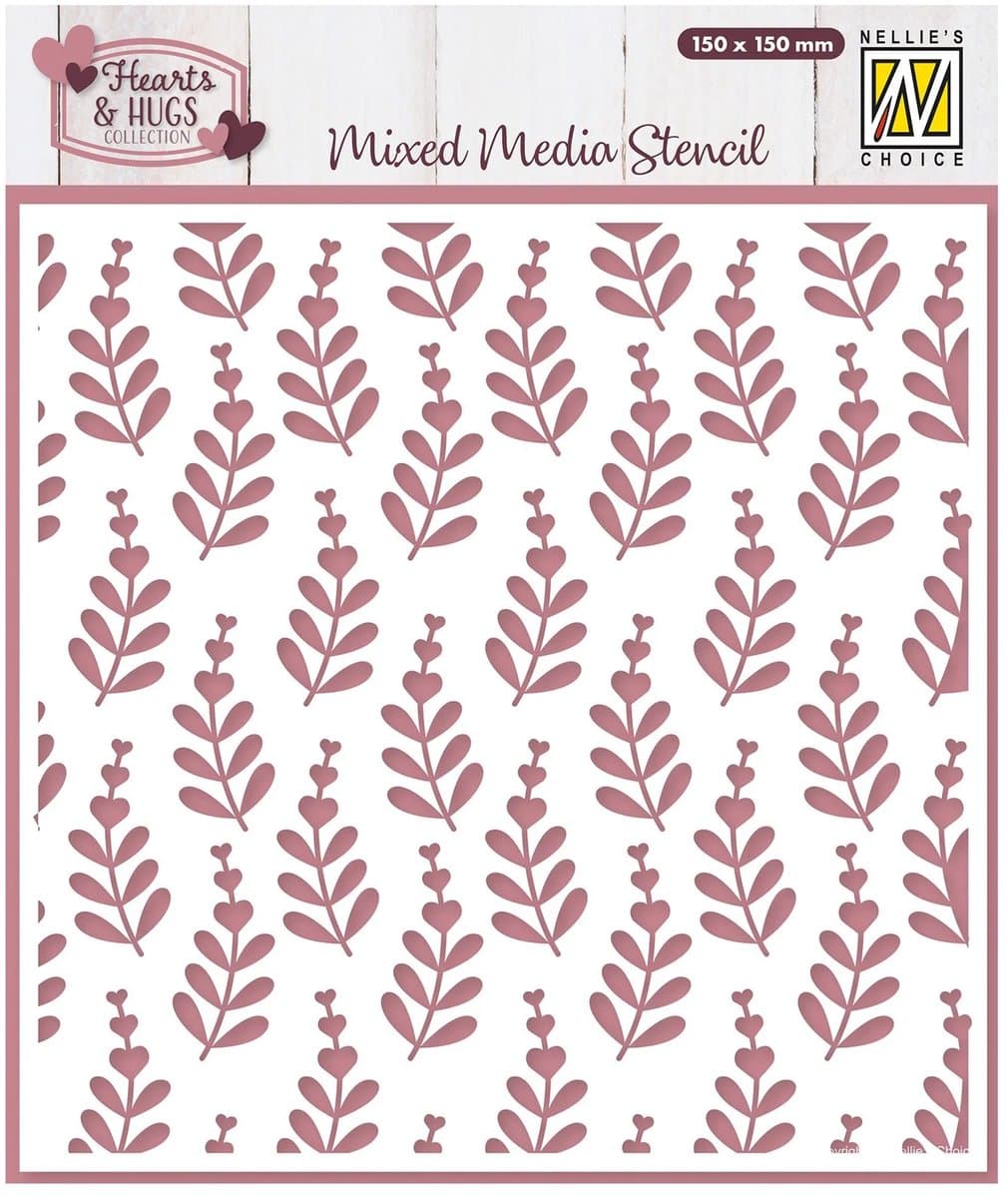 MMS4K-081 Nellie Snellen Mixed Media Stencil Heart Branches - hart takjes - herderstasjes - blaadjes