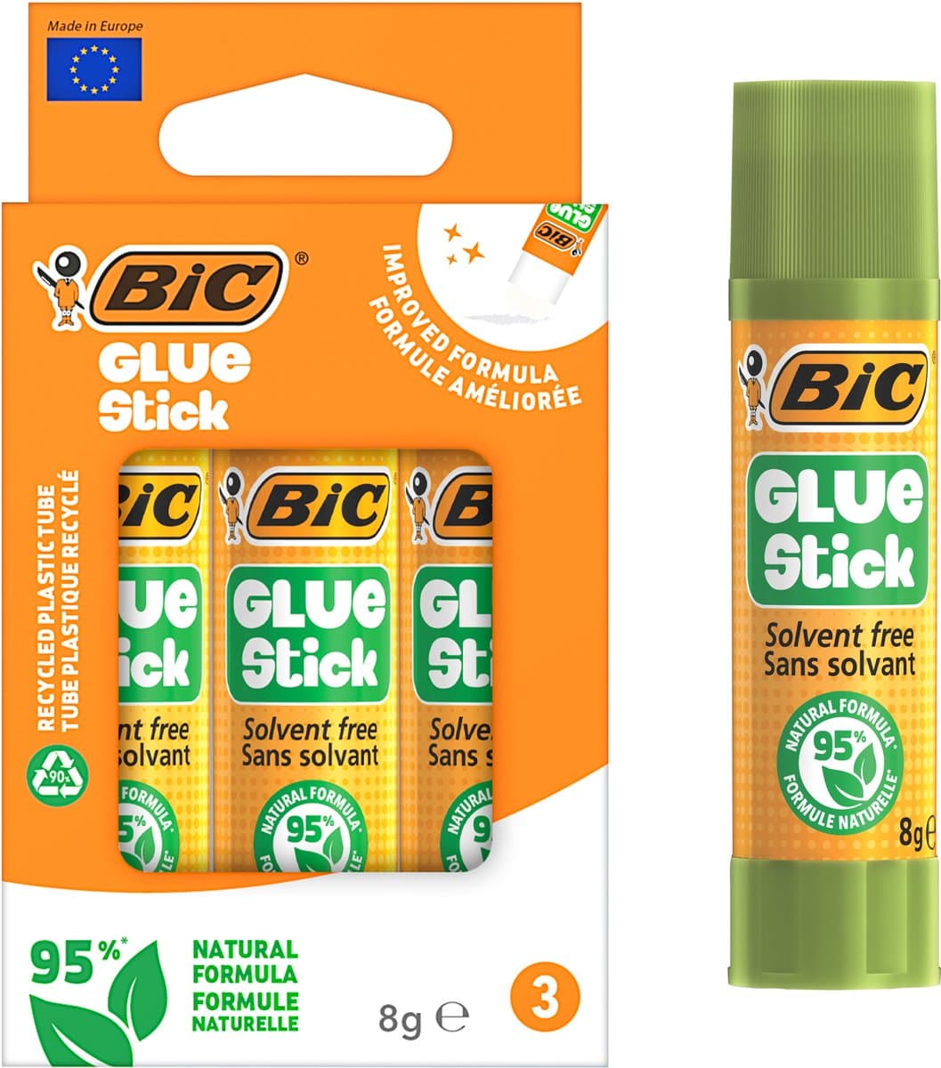 BIC ECOlutions Lijmstift 8g - 3 Stuks - 95% Natuurlijk - Mini Lijm School Knutselen