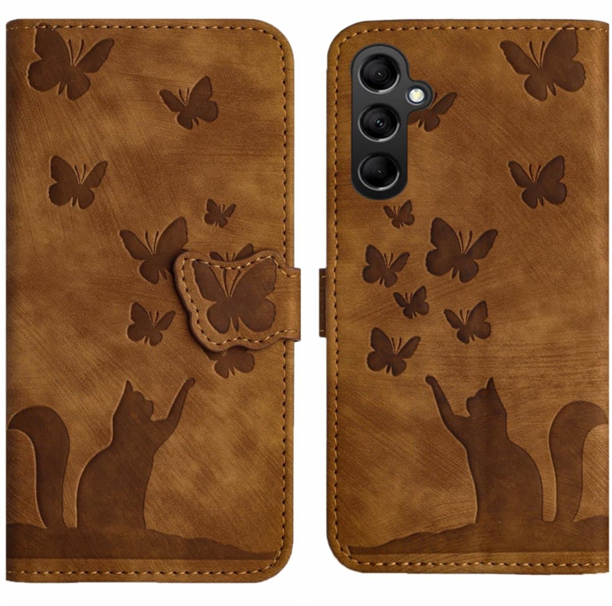 BoekCover Hoes Etui geschikt voor Samsung Galaxy A37 - A36 - A56 - Vlinders en Kat - Bruin - Reliëf