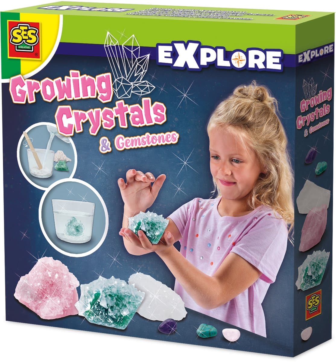 SES Creative - Explore - Kristallen Kweken - Groeiende Kristallen en Edelstenen - Experimenten voor Kinderen - 3 Stenen om Kristallen van te Maken - Inclusief 3 Edelstenen - Scheikunde Experimenteerset