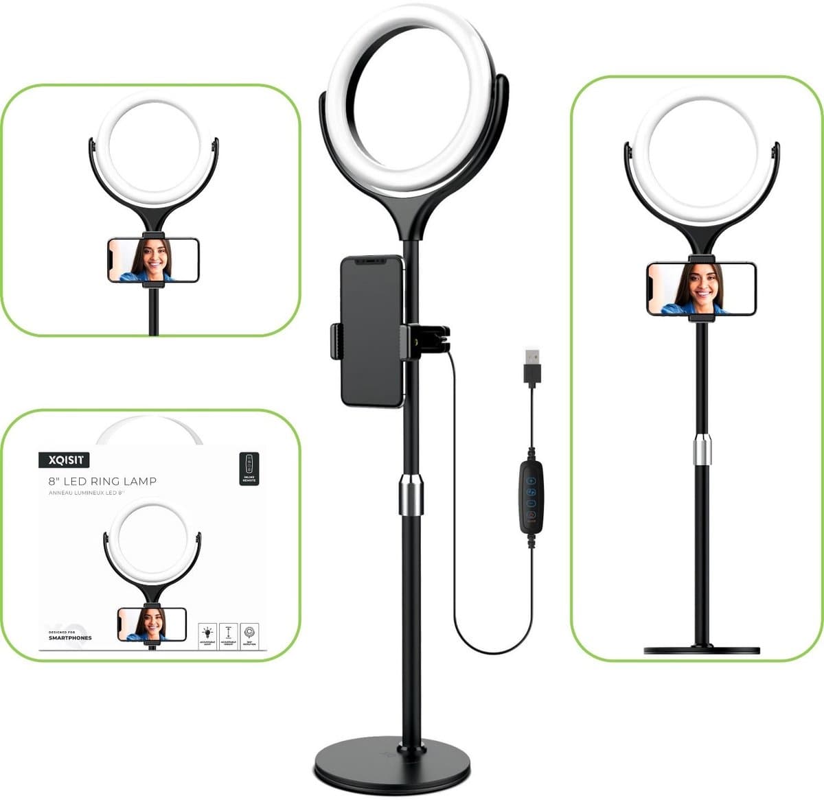 XQISIT Selfie Ring Light met 40cm hoge standaard 10 belichtingsstanden - Zwart