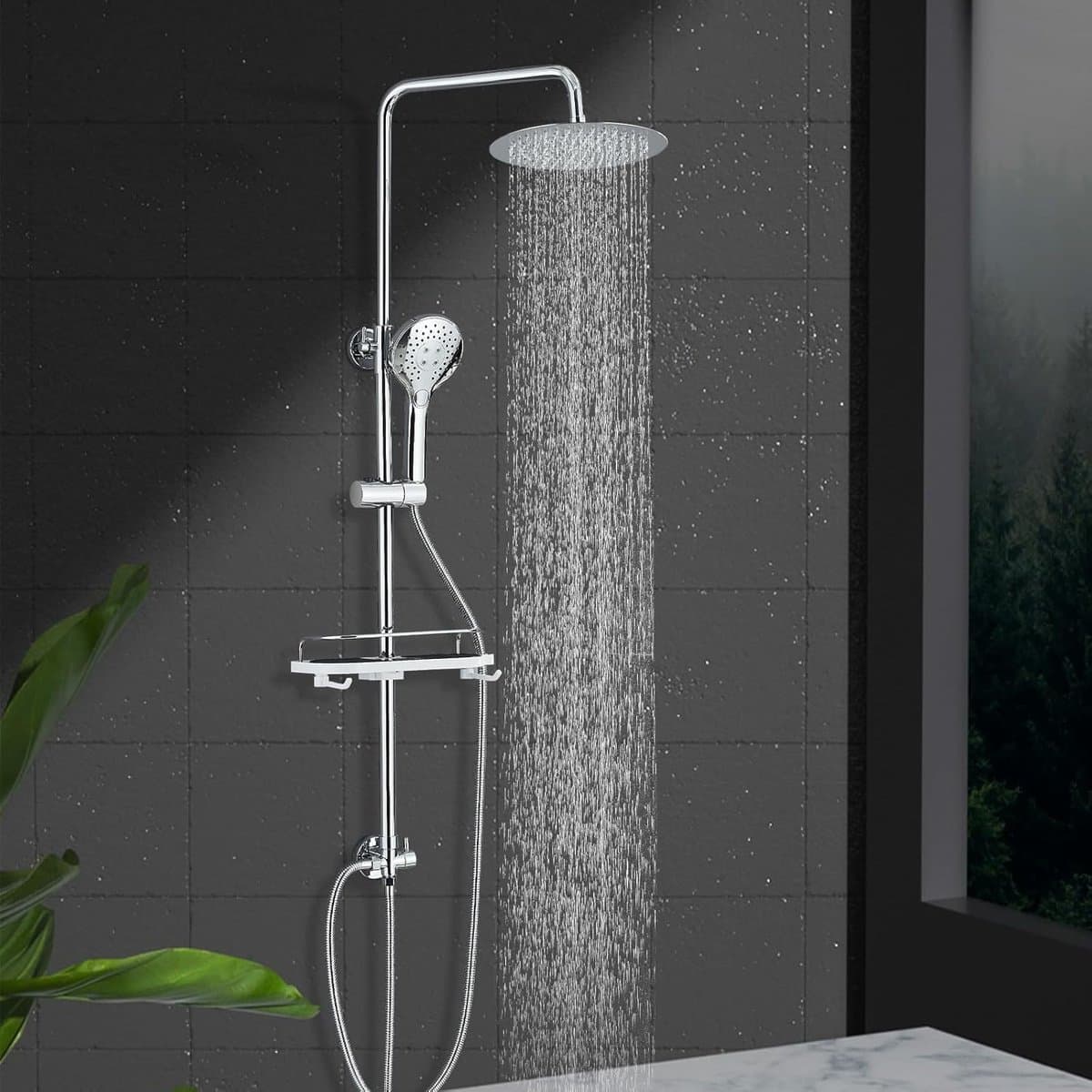 Douchekolom regendouche Douchemixer regendouche gechroomd Doucheensemble Douchesysteem met planken, regendouche cascade, ABS handdouche 3 functies voor badkamers