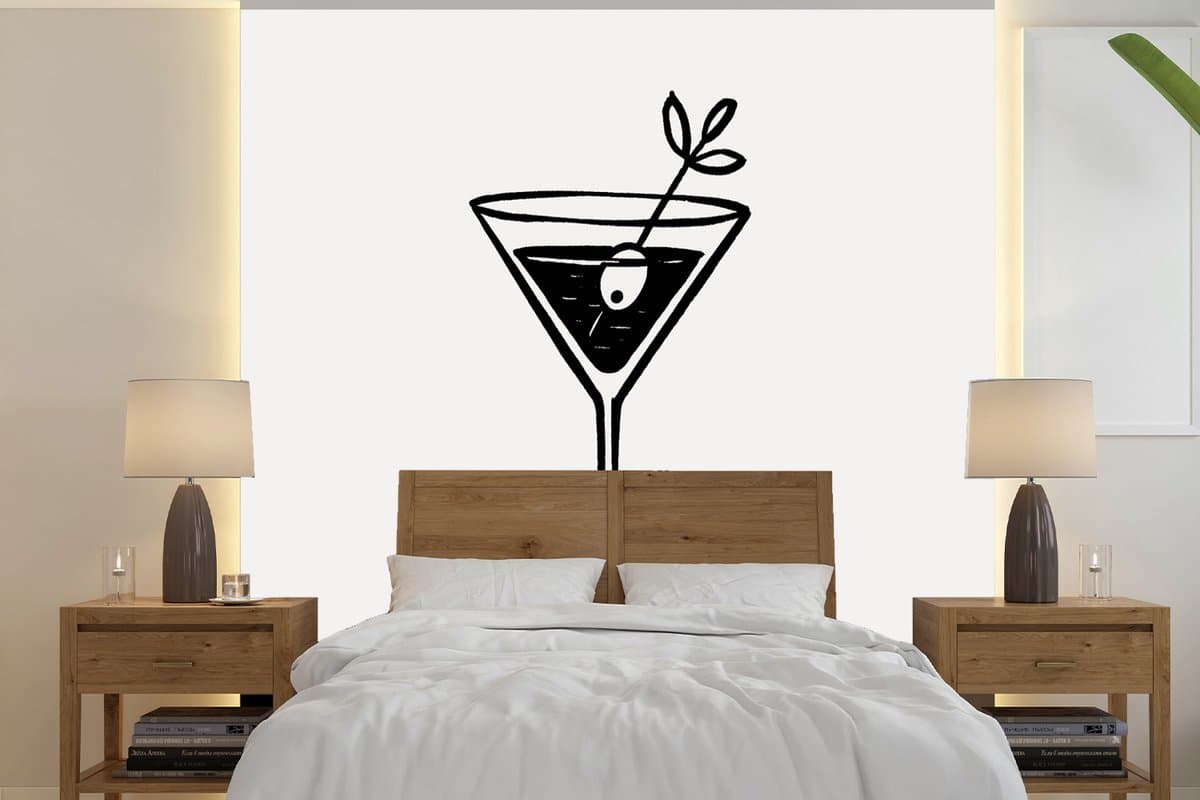 Behang - Fotobehang Cocktail - Glas - Olijf - Minimalistisch - Breedte 280 cm x hoogte 280 cm