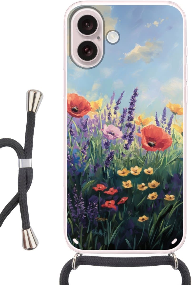 Telefoonhoesje Geschikt voor iPhone 16 - Weide - Bloemen - Kleurrijk - Siliconen - Crossbody - Backcover met Koord - Telefoonhoesje met koord - Hoesje met touw Telefoonhoesje