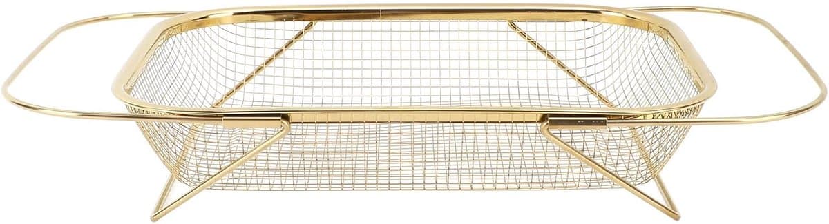 Above Sink Colander, Expandable Convenient Sink Strainer, Basket Efficient Drying and Pressing Kitchen Mesh Tools for Pasta, Food, Fruits and Vegetables (Gold)
