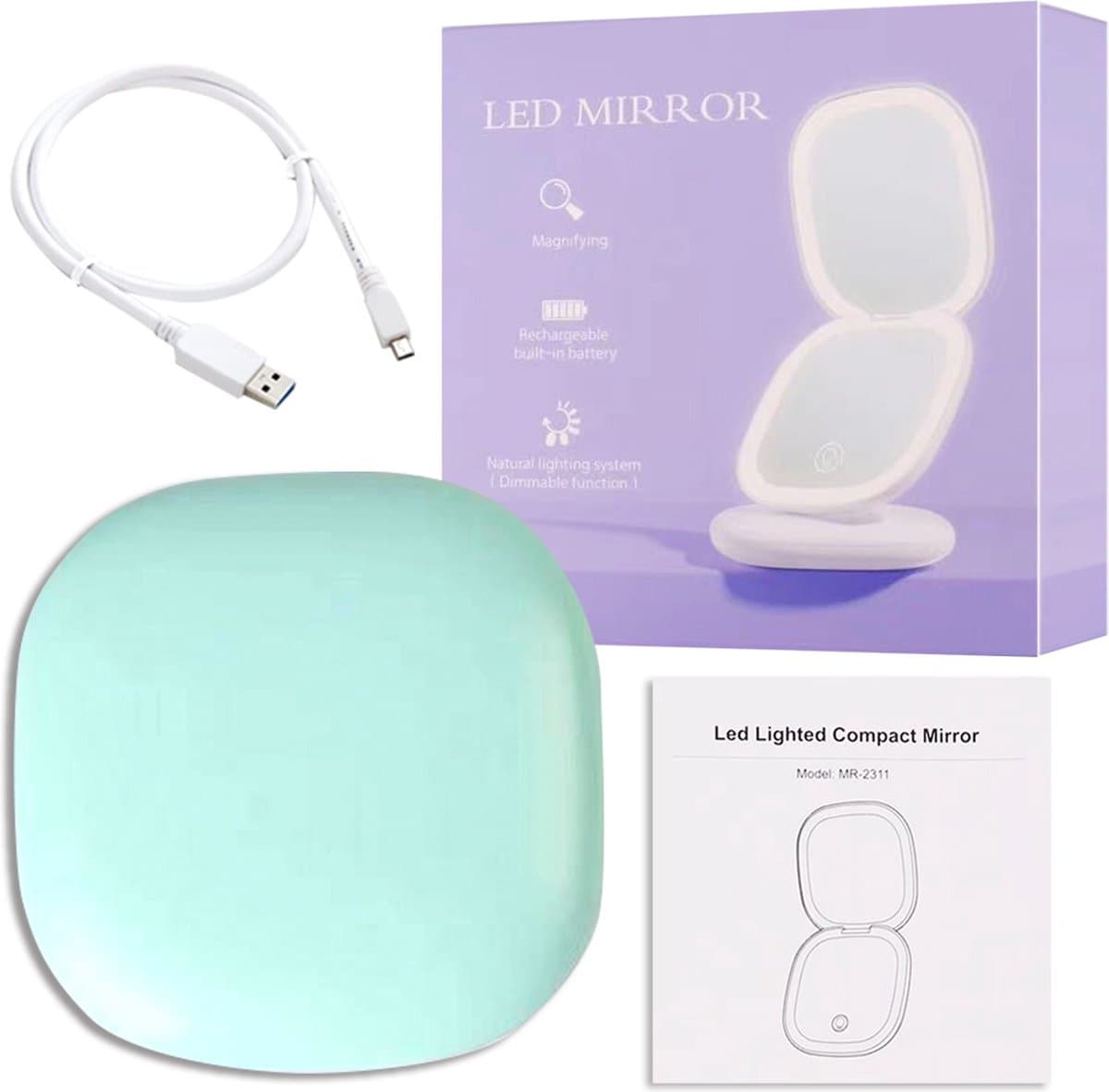 TechU™ Make-upspiegel met Ingebouwd Licht – Werkt op USB – Verstelbaar Licht & Vergroot 5X – Hand Make-upspiegel – Pocket Size – Mintgroen