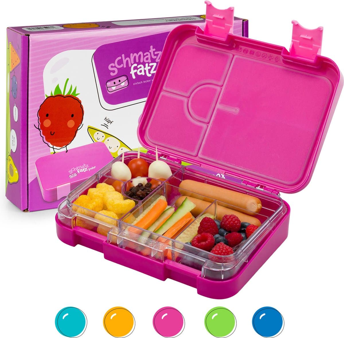 Schmatzfatz Junior Broodtrommel voor Kinderen met Vakken, Kleurrijke Kinder Broodtrommel, Bento Lunchbox met Vakken & Lekvrij, BPA-vrije Lunchbox voor School & Kinderopvang, Kinder Bento Box, Veilige Lunchbox