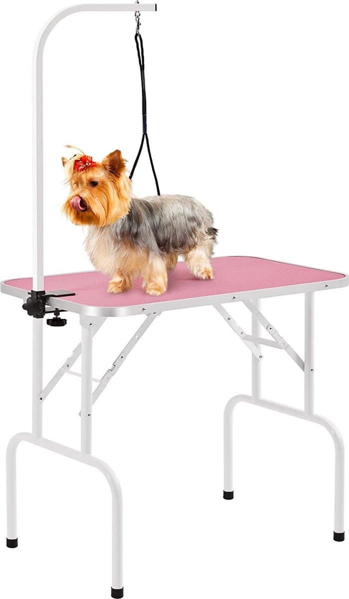 Hondenverzorgingstafel, trimtafel voor honden, hondenkapperstafel, hondenbadtafel, poedelvachtverzorging, hondenschertafel, in hoogte verstelbaar, antislip, tot 100 kg belastbaar, roze HMTM-TT-10024-PINK