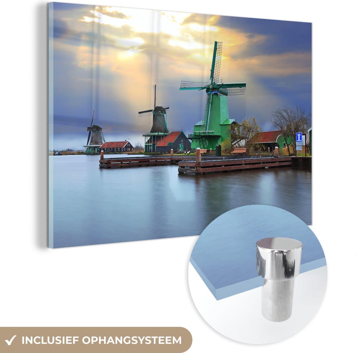 ® Glasschilderij 150x100 cm - Schilderij acrylglas - Windmolens in Amsterdam op de vroege morgen - Foto op glas - Muurdecoratie woonkamer - Wanddecoratie slaapkamer - Schilderijen
