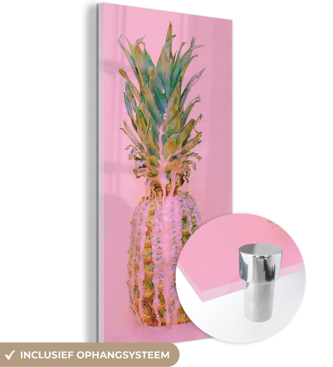 MuchoWow® Glasschilderij 60x120 cm - Schilderij acrylglas - Verf - Ananas - Roze - Zomer - Foto op glas - Schilderijen