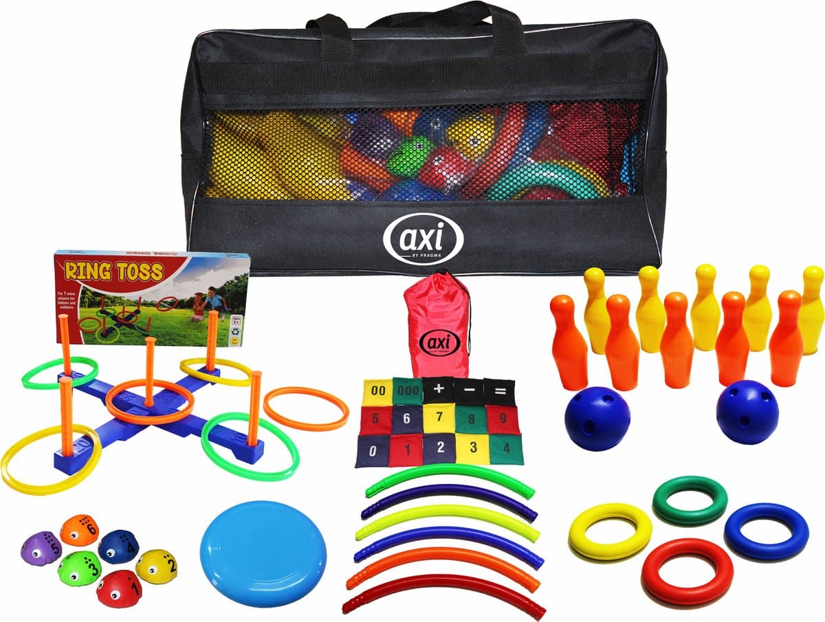 AXI Kids Activity Bag – Tas met spelletjes voor kinderen – Ringwerpen – Bowlen – Frisbee – Hoelahoep - Pittenzakjes - Camping spellen