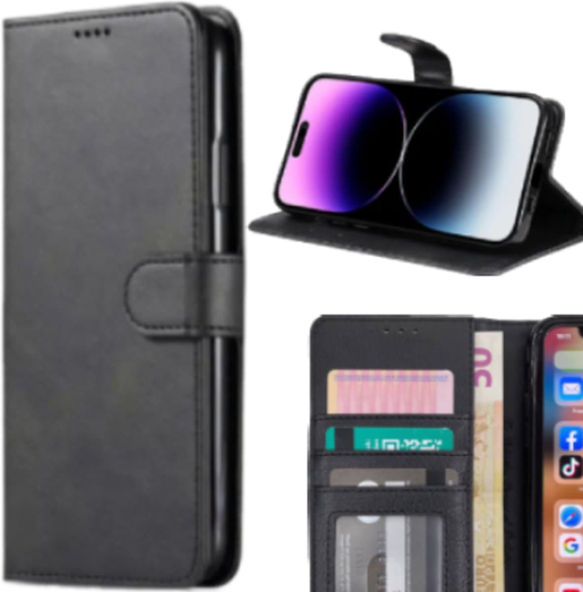 iPhone 15 Pro Bookcase Telefoon hoesje Stevige Portemonnee Wallet Case – Pasjeshouder - Kunstleer – Zwart