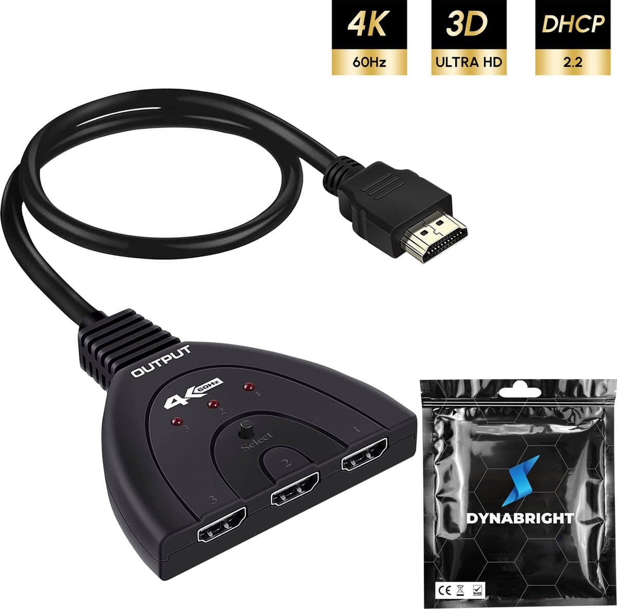 DynaBright HDMI switch – 3 ingangen - 1 uitgang – HDMI Splitter - 4K@60hz – Splitter 3 in naar 1 uit - 1080 Full HD