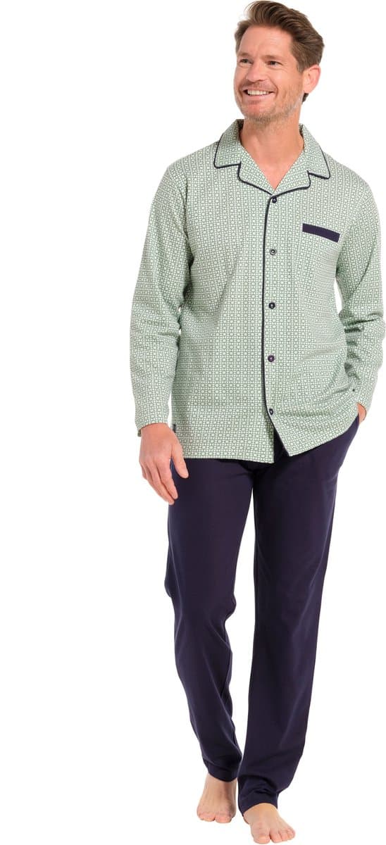 Pastunette Pyjama - Square - Katoen - Doorknoop - Lichtgroen/Blauw - Maat 58